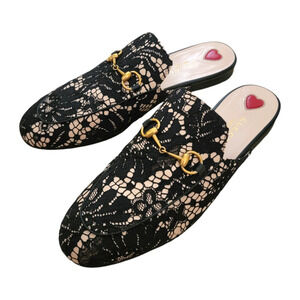 Gucci Horsebit Princetown Black Lace Loafers Slides Flats Mules 8.5 38.5 475094